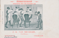 711040 Reclameprentbriefkaart (wenskaart) met de tekst ‘Kermisgroet aangeboden door den bediende van J.K. van Mechelen, ...